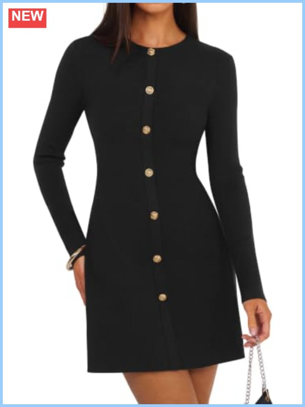 Women's Long Sleeve Mini Sweater Dress Crew Neck Button Front A-Line